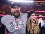 Taylor Swift celebrates with Travis Kelce after Kansas City Chiefs beat Buffalo Bills in the AFC Championship Game. Taylor Swift celebrates with Travis Kelce after Kansas City Chiefs beat Buffalo Bills in the AFC Championship Game.
