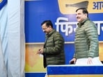 Aam Aadmi Party (AAP) Arvind Kejriwal along with AAP leader Sanjay Singh during a press conference in New Delhi.