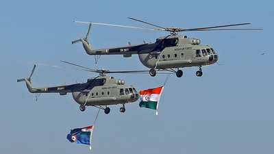 IAF helicopters during the final rehearsal for Aero India 2025, at Yelahanka Air Force Station in Bengaluru. (PTI)