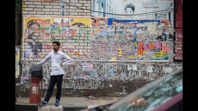 A defaced wall in Vinod Nagar on Tuesday. (RAJ K RAJ /HT PHOTO)