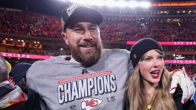 Taylor Swift celebrates with Travis Kelce after Kansas City Chiefs beat Buffalo Bills in the AFC Championship Game. (Getty Images) Taylor Swift celebrates with Travis Kelce after Kansas City Chiefs beat Buffalo Bills in the AFC Championship Game. (Getty Images)