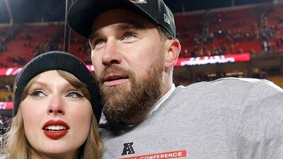 KANSAS CITY, MISSOURI - JANUARY 26: Taylor Swift celebrates with Travis Kelce #87 of the Kansas City Chiefs after defeating the Buffalo Bills 32-29 in the AFC Championship Game at GEHA Field at Arrowhead Stadium on January 26, 2025 in Kansas City, Missouri. David Eulitt/Getty Images/AFP (Photo by David Eulitt / GETTY IMAGES NORTH AMERICA / Getty Images via AFP) (Getty Images via AFP) KANSAS CITY, MISSOURI - JANUARY 26: Taylor Swift celebrates with Travis Kelce #87 of the Kansas City Chiefs after defeating the Buffalo Bills 32-29 in the AFC Championship Game at GEHA Field at Arrowhead Stadium on January 26, 2025 in Kansas City, Missouri. David Eulitt/Getty Images/AFP (Photo by David Eulitt / GETTY IMAGES NORTH AMERICA / Getty Images via AFP) (Getty Images via AFP)