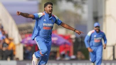 Harshit Rana celebrates the wicket of Liam Livingstone during the first ODI against England, in Nagpur on Thursday. (PTI) Harshit Rana celebrates the wicket of Liam Livingstone during the first ODI against England, in Nagpur on Thursday. (PTI)