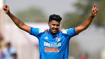 Harshit Rana celebrates the dismissal of England's Ben Duckett during the first one day international cricket match between India and England (AP) Harshit Rana celebrates the dismissal of England's Ben Duckett during the first one day international cricket match between India and England (AP)