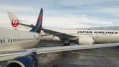 The right wing of a Japan Airlines jet strikes the tail of a Delta Air Lines plane while the aircraft were taxiing at Seattle-Tacoma International Airport in SeaTac, King County, Washington, U.S.,February 5, 2025, in this picture obtained from social media.  "@thejasonchannel" via Instagram/via REUTERS ("@thejasonchannel" via REUTERS)