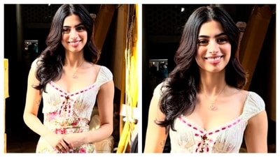 Khushi Kapoor wore a beautiful cottage-core inspired dress with rose prints and a lacey bodice. (PC: Ashutosh Rai) Khushi Kapoor wore a beautiful cottage-core inspired dress with rose prints and a lacey bodice. (PC: Ashutosh Rai)