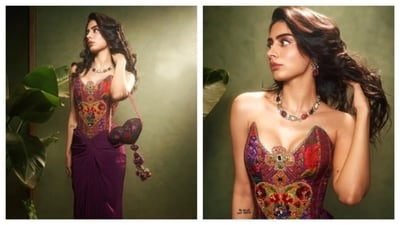 Khushi Kapoor wore a colourful custom Torani corset with ruched purple skirt. The deep V-neckline complemented her vibrant necklace. (IG/@ khushikapoor) Khushi Kapoor wore a colourful custom Torani corset with ruched purple skirt. The deep V-neckline complemented her vibrant necklace. (IG/@ khushikapoor)