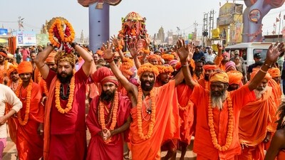 Sadhus of 'Panchayati Akhara Shri Niranjani' take part in a procession to mark their return from the Maha kumbh Mela, at Sangam in Prayagraj. (PTI) Sadhus of 'Panchayati Akhara Shri Niranjani' take part in a procession to mark their return from the Maha kumbh Mela, at Sangam in Prayagraj. (PTI)