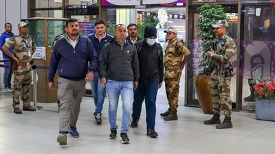 In the picture, Gujarat natives deported from the US arrive at Ahmedabad Airport on Thursday, February 6, 2025. Former deputy chief minister Nitin Patel expressed sympathy for the deported Gujaratis, saying that they went to the US in search of jobs and should not be labelled as criminals. (PTI) In the picture, Gujarat natives deported from the US arrive at Ahmedabad Airport on Thursday, February 6, 2025. Former deputy chief minister Nitin Patel expressed sympathy for the deported Gujaratis, saying that they went to the US in search of jobs and should not be labelled as criminals. (PTI)