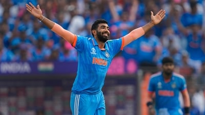 India's Jasprit Bumrah celebrates the wicket of Pakistan's Shadab Khan during the ICC Men's Cricket World Cup 2023 match between India and Pakistan (PTI) India's Jasprit Bumrah celebrates the wicket of Pakistan's Shadab Khan during the ICC Men's Cricket World Cup 2023 match between India and Pakistan (PTI)