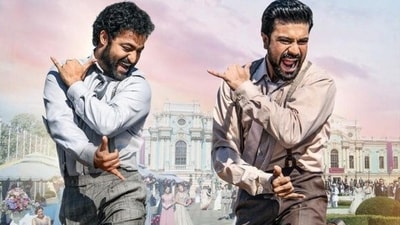 Jr NTR and Ram Charan in a still from the song Naatu Naatu from RRR. Jr NTR and Ram Charan in a still from the song Naatu Naatu from RRR.