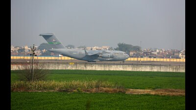 US Air Force Plane carrying Indian citizens who allegedly illegally migrated to US arrives in Amritsar, on Wednesday. (ANI) US Air Force Plane carrying Indian citizens who allegedly illegally migrated to US arrives in Amritsar, on Wednesday. (ANI)