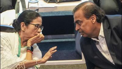 West Bengal chief minister Mamata Banerjee with businessman Mukesh Ambani during the Bengal Global Business Summit (PTI) West Bengal chief minister Mamata Banerjee with businessman Mukesh Ambani during the Bengal Global Business Summit (PTI)