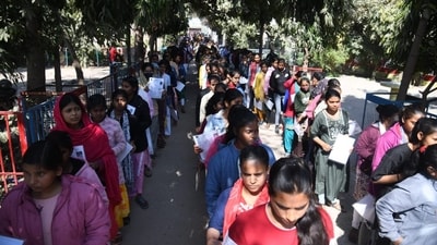 Outside D.A.V high school danapur in Patna where students are standing in queue before appearing for BSEB 12th exam. (Santosh Kumar ) Outside D.A.V high school danapur in Patna where students are standing in queue before appearing for BSEB 12th exam. (Santosh Kumar )