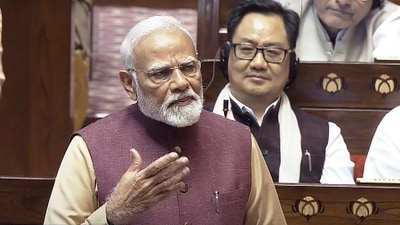 Prime Minister Narendra Modi speaks in the Rajya Sabha during the Budget session of Parliament, in New Delhi, Thursday, Feb. 6, 2025. (Sansad TV) Prime Minister Narendra Modi speaks in the Rajya Sabha during the Budget session of Parliament, in New Delhi, Thursday, Feb. 6, 2025. (Sansad TV)