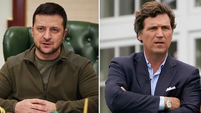 Ukrainian President Volodymyr Zelensky accused former Fox News host Tucker Carlson of working for Russian President Vladimir Putin Ukrainian President Volodymyr Zelensky accused former Fox News host Tucker Carlson of working for Russian President Vladimir Putin