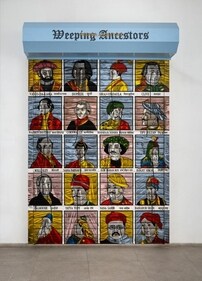 Vadehra Art Gallery; Booth B-05: Atul Dodiya’s oil and acrylic on canvas artwork, Weeping Ancestors