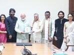 Amala Akkineni, Nagarjuna, Naga Chaitanya and Sobhita Dhulipala with PM Narendra Modi.