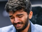 D Gukesh reacts after beating Ding Liren. D Gukesh reacts after beating Ding Liren.