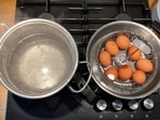 This photo provided by researchers in February 2025 shows two pots, one with boiling water, left, and the other with a basket of eggs in lukewarm water, in a new method of boiling eggs dubbed "periodic cooking." This photo provided by researchers in February 2025 shows two pots, one with boiling water, left, and the other with a basket of eggs in lukewarm water, in a new method of boiling eggs dubbed "periodic cooking."