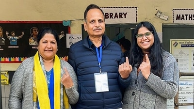 AAP leader Satyendar Jain and his family members show their ink-marked fingers after casting their vote for the Delhi Assembly elections. (Satyendar Jain's X account) AAP leader Satyendar Jain and his family members show their ink-marked fingers after casting their vote for the Delhi Assembly elections. (Satyendar Jain's X account)