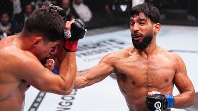 Anshul Jubli in action during the UFC 294 event at Etihad Arena last October in Abu Dhabi, United Arab Emirates. (Zuffa LLC via Getty Images) Anshul Jubli in action during the UFC 294 event at Etihad Arena last October in Abu Dhabi, United Arab Emirates. (Zuffa LLC via Getty Images)
