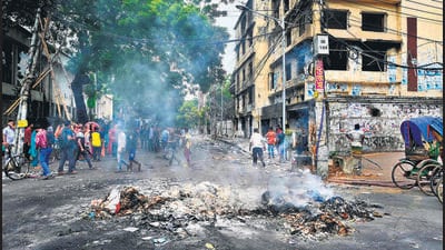 Burnt Awami League party office in Dhaka on August 6, 2024. Attacks on Awami League leaders’ homes continue. (AFP) Burnt Awami League party office in Dhaka on August 6, 2024. Attacks on Awami League leaders’ homes continue. (AFP)