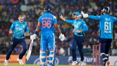 England's Jacob Bethell, left, celebrates the dismissal of India's Shreyas Iyer, second left (AP) England's Jacob Bethell, left, celebrates the dismissal of India's Shreyas Iyer, second left (AP)