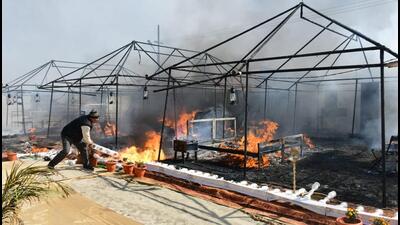 It is suspected that the fire broke out due to an electrical short circuit at the ISKCON camp on Tulsi Marg, said chief fire officer, Maha Kumbh (HT Photo)