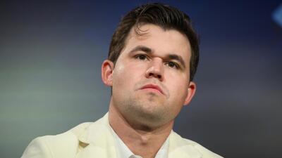 Magnus Carlsen during a press conference for the Freestyle Chess Grand Slam on Friday. (AP)