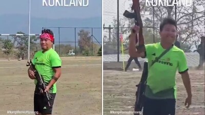 A video shows men brandishing guns while playing football in Manipur. (X/meiteiheritage) A video shows men brandishing guns while playing football in Manipur. (X/meiteiheritage)