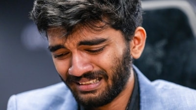 D Gukesh reacts after beating Ding Liren. (PTI) D Gukesh reacts after beating Ding Liren. (PTI)