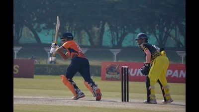 Players in action during Chandrashekhar Azad T20 Tournament at Tau Devi Lal Stadium in Panchkula on Friday. (Sant Arora/HT) Players in action during Chandrashekhar Azad T20 Tournament at Tau Devi Lal Stadium in Panchkula on Friday. (Sant Arora/HT)