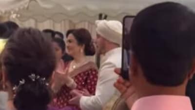 Nita Ambani was seen cheering alongside Nick Jonas at Siddharth Chopra’s wedding. (Instagram/varindertchawla) Nita Ambani was seen cheering alongside Nick Jonas at Siddharth Chopra’s wedding. (Instagram/varindertchawla)