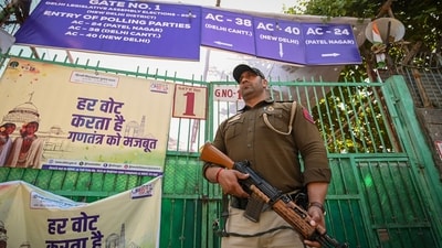 Security personnel seen deployed outside a Strong Room ahead of the Counting of Votes and Results for Vidhan Sabha Elections 2025 at Gole Market in New Delhi, India, on Thursday. (Sanchit Khanna/ Hindustan Times) Security personnel seen deployed outside a Strong Room ahead of the Counting of Votes and Results for Vidhan Sabha Elections 2025 at Gole Market in New Delhi, India, on Thursday. (Sanchit Khanna/ Hindustan Times)