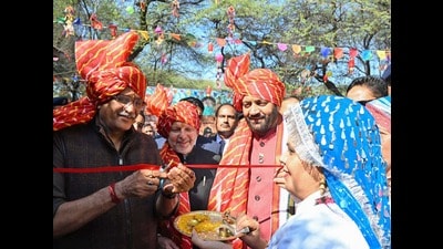 Union minister for culture and tourism Gajendra Singh Shekhawat inaugurating the 38th Surajkund International Crafts Mela in Faridabad on Friday. (@NayabSainiBJP/X) Union minister for culture and tourism Gajendra Singh Shekhawat inaugurating the 38th Surajkund International Crafts Mela in Faridabad on Friday. (@NayabSainiBJP/X)