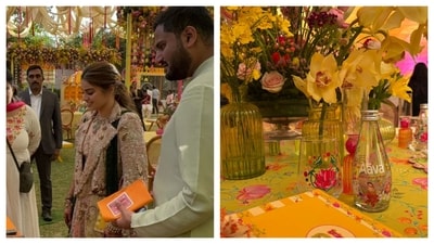 Jeet Adani and Diva Shah at their wedding venue. Jeet Adani and Diva Shah at their wedding venue.
