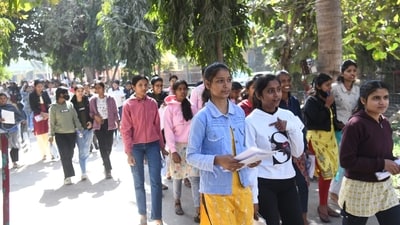 Students coming out after appearing in the Class 12 exam of the Bihar School Examination Board (BSEB) at D.A.V high school danapur in Patna.&nbsp; (Santosh Kumar )