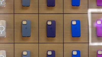 Protective cases for iPhone handsets on display in an Apple Inc. store in central London, UK. The new iPhone SE is due in coming days (Bloomberg)