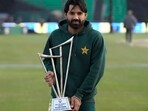 Pakistan's skipper Mohammad Rizwan poses for photo with the trophy of tri-nation series, in Lahore, Pakistan, Pakistan's skipper Mohammad Rizwan poses for photo with the trophy of tri-nation series, in Lahore, Pakistan,