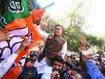 Delhi election result: BJP's Parvesh Verma celebrates his victory from the New Delhi assembly constituency on Saturday. Delhi election result: BJP's Parvesh Verma celebrates his victory from the New Delhi assembly constituency on Saturday.