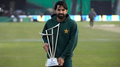Pakistan's skipper Mohammad Rizwan poses for photo with the trophy of tri-nation series, in Lahore, Pakistan, (AP) Pakistan's skipper Mohammad Rizwan poses for photo with the trophy of tri-nation series, in Lahore, Pakistan, (AP)