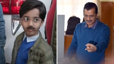 Delhi results 2025: A young supporter of AAP, Avyan Tomar, dressed as Arvind Kejriwal. (X/@ANI, File Photo)
