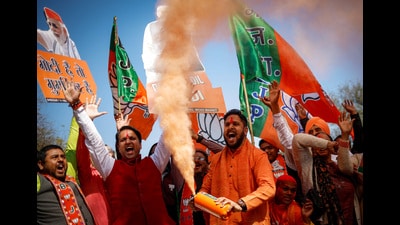 Bharatiya Janata Party (BJP) supporters celebrate outside the BJP state headquarters, as BJP is projected leading in the election results in the Delhi state, in New Delhi, India, February 8, 2025. REUTERS/Adnan Abidi (REUTERS)