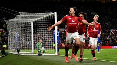 Harry Maguire celebrating an injury time winning goal against Leicester City in the FA Cup. (AFP)