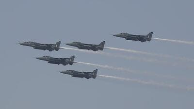 IAF’s Jaguar fighters flying in formation over the Yelahanka skies on Saturday. (Defence ministry) IAF’s Jaguar fighters flying in formation over the Yelahanka skies on Saturday. (Defence ministry)