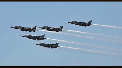 IAF’s Jaguar fighters flying in formation over the Yelahanka skies on Saturday. (Defence ministry photo) IAF’s Jaguar fighters flying in formation over the Yelahanka skies on Saturday. (Defence ministry photo)