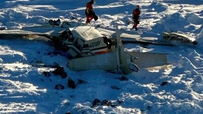 This photo provided by the US Coast Guard on Friday, Feb. 7, 2025, shows a small commuter plane that crashed in western Alaska on a flight that was bound for the hub community of Nome. (AP)