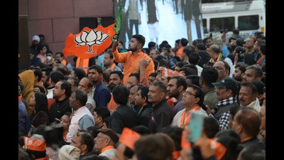 New Delhi, India - Feb. 8, 2025: BJP Supporters during the celebration at BJP HQ as the party leads in the Delhi Assembly elections at BJP headquarters in New Delhi, India, on Saturday, February 8, 2025. (Photo by RAJ K RAJ / Hindustan Times) (RAJ K RAJ /HT PHOTO) New Delhi, India - Feb. 8, 2025: BJP Supporters during the celebration at BJP HQ as the party leads in the Delhi Assembly elections at BJP headquarters in New Delhi, India, on Saturday, February 8, 2025. (Photo by RAJ K RAJ / Hindustan Times) (RAJ K RAJ /HT PHOTO)