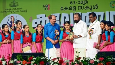 Thiruvananthapuram: Kerala Minister for General Education V Sivankutty and others present a memento to the students of Wayanads Vellarmala government school during the inauguration of the 63rd Kerala State School Arts Festival in Thiruvananthapuram on Saturday. (PTI) Thiruvananthapuram: Kerala Minister for General Education V Sivankutty and others present a memento to the students of Wayanads Vellarmala government school during the inauguration of the 63rd Kerala State School Arts Festival in Thiruvananthapuram on Saturday. (PTI)